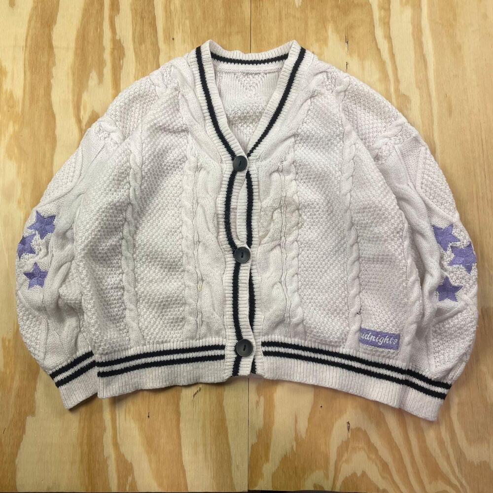 Taylor Swift Midnights White Cable-Knit Cardigan – S – Stars & Striped Trim